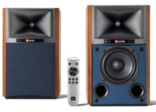 JBL 4305P_System_Front_Walnut_With Remote_MPHiRez_WEBBROWNHERO.png