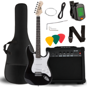 Gitara elektryczna 4/4 stratocaster 39" SSS wzmacniacz pokrowiec pasek przewód jack-jack tuner kostki do gry struny ramię tremolo klucze imbusowe zestaw - V-TONE EGA 39 BK  | RATY | SALA ODSŁUCHOWA POZNAŃ