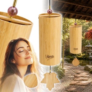 Dzwonek wietrzny wind chime dekoracja dźwiękowa tonacja D drewno bambusowe żółto-różowy koralik 2 zawieszki liść muszla 40,5 cm - V-TONE ZEN VALLEY  | RATY | SALA ODSŁUCHOWA POZNAŃ