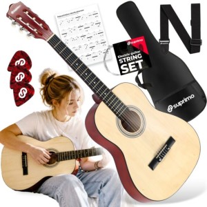 Gitara klasyczna 3/4 36 cali naturalna do nauki dla początkujących 2 zaczepy na pasek 3 kostki do gry pasek do gitary zapasowe struny pokrowiec transportowy akordy zestaw - SUPRIMO CG34 NT| RATY | SALA ODSŁUCHOWA POZNAŃ 