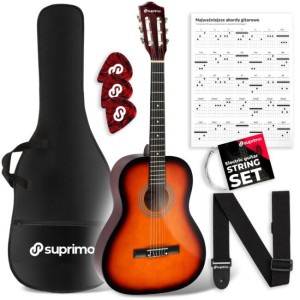 Gitara klasyczna 3/4 36 cali sunburst do nauki dla początkujących 2 zaczepy na pasek 3 kostki do gry pasek do gitary zapasowe struny pokrowiec transportowy akordy zestaw - SUPRIMO CG34 SB  | RATY | SALA ODSŁUCHOWA POZNAŃ
