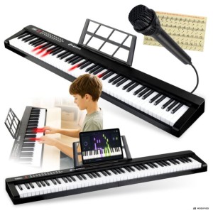 Pianino cyfrowe przenośne czarne 88 dynamicznych podświetlanych klawiszy Bluetooth MP3 mikrofon pulpit do nut naklejki edukacyjne zestaw - SUPRIMO P-881 BK  | RATY | SALA ODSŁUCHOWA POZNAŃ