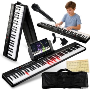 Pianino cyfrowe przenośne składane czarne 88 dynamicznych podświetlanych klawiszy Bluetooth MP3 mikrofon pulpit do nut torba transportowa naklejki edukacyjne zestaw - SUPRIMO FP-887 BK  | RATY | SALA ODSŁUCHOWA POZNAŃ
