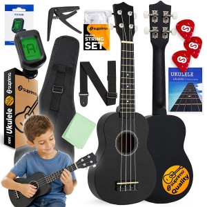 Ukulele sopranowe 21" czarne drewniane pokrowiec 3 kostki do gry zapasowe struny tuner pasek kapodaster ściereczka książeczka do nauki gry zestaw dla dzieci - SUPRIMO UK21 SET BK V2 | RATY | SALA ODSŁUCHOWA POZNAŃ