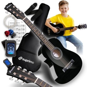 Gitara akustyczna 1/4 czarna do nauki dla początkujących 3x kostka do gry pasek zapasowe struny pokrowiec tuner akordy zestaw - SUPRIMO JRA SET BK | RATY | SALA ODSŁUCHOWA POZNAŃ