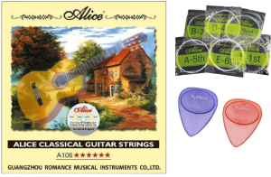 Struny do gitary klasycznej ALICE A106 (28-44) + 2 kostki Meideal + kartka z chwytami do gitary