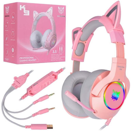 Słuchawki nauszne gamingowe dla graczy, uszy kota LED z mikrofonem - ONIKUMA K9 Różowe