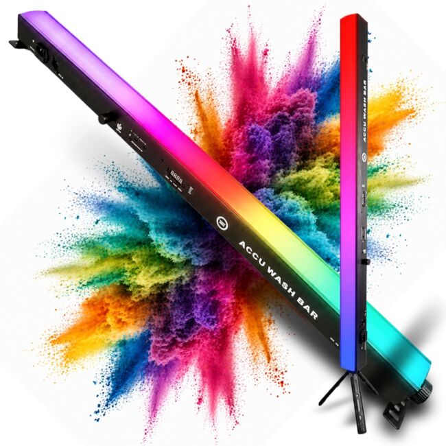 Akumulatorowa listwa oświetleniowa wash bar LED DMX W-DMX 8800 mAh 192x0,3W RGB dyfuzor pilot bezprzewodowy statyw trójnożny do pracy w pionie 2x uchw
